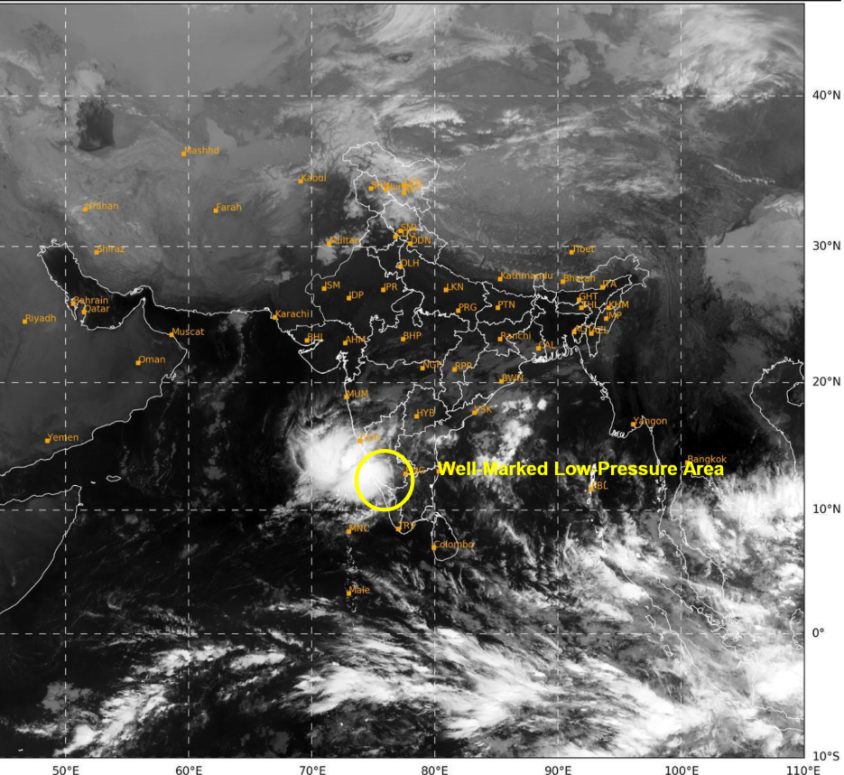 Satellite IR animation (03.12.2024, 0545-1115 IST) from INSAT 3DR showing convective clouds associated  with the Well Marked Low pressure area over Coastal Karnataka and adjoing east-central Arabian Sea.  It is likely to move  west-northwest wards over east central Arabian sea during next two days.